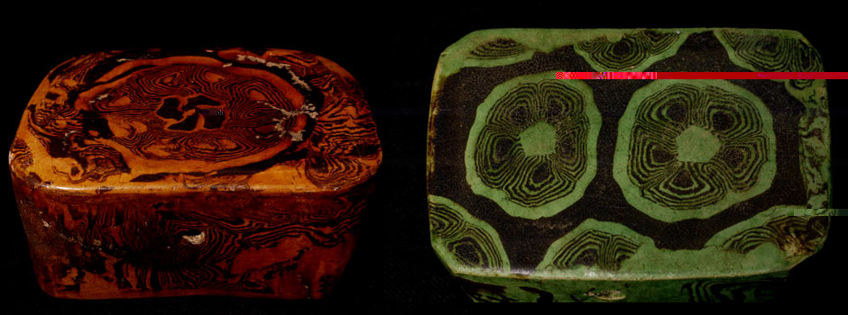 Yellow-glazed twistable clay mold and Q wrist cushion of the Tang Dynasty  / Green-glazed twistable clay mold and plum blossom Q wrist cushion of the Tang Dynasty 